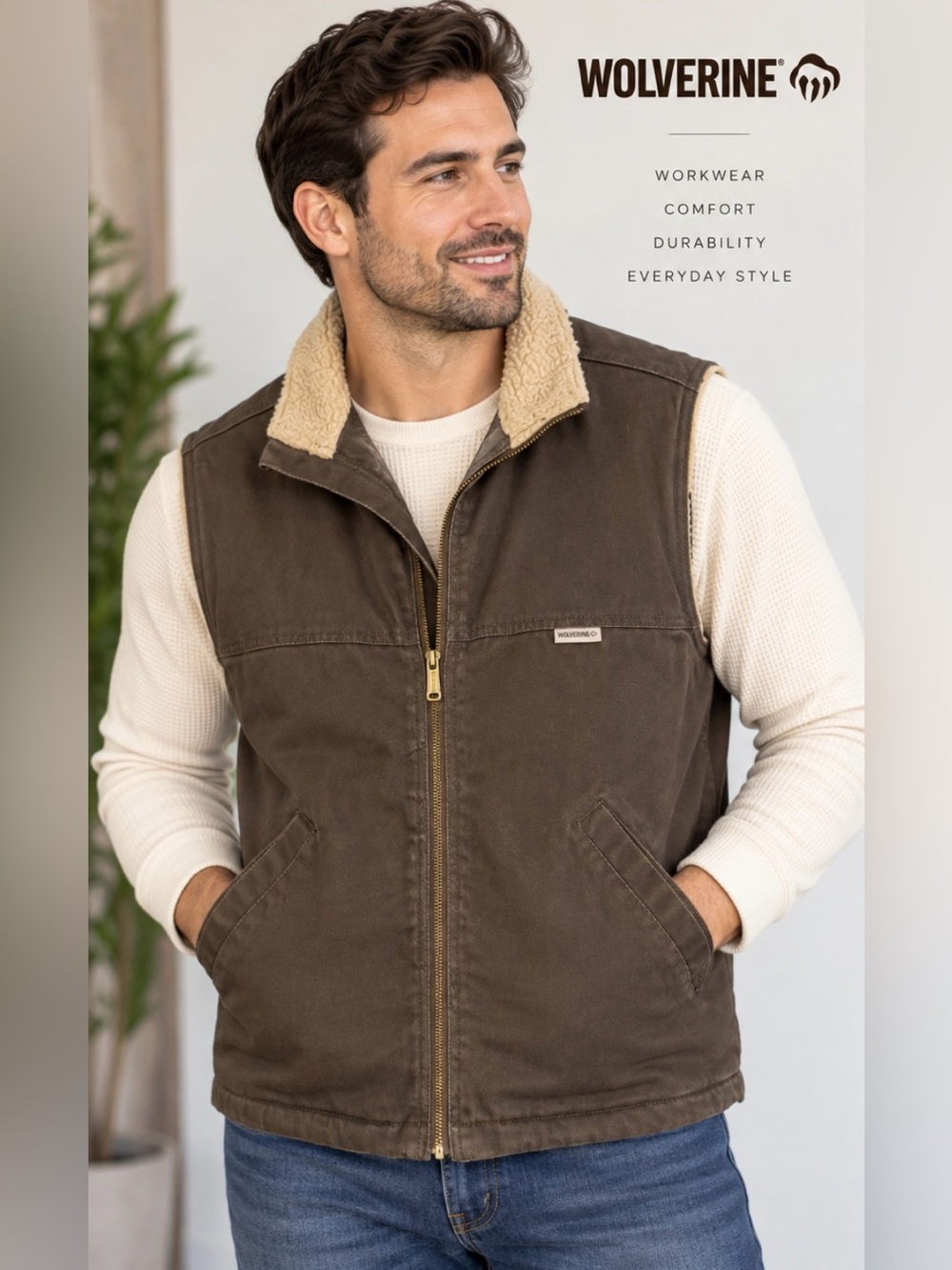 Wolverine Men’s Brown Sherpa-Lined Cotton Work Vest Size Medium